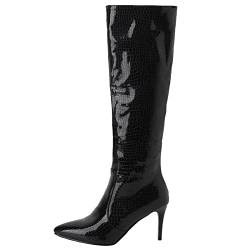 Diuniarz Damen Lack Stilettos Knee High Abend Pointed Toe Party Elegant Warm Mittelhohe Stiefel Overknees Stiefel Schwarz Gr 46 EU/48 Asiatisch von Diuniarza