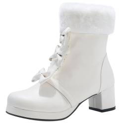 Diuniarza Sweet Bogen Damen Ankle Schneestiefel Warm Blockabsatz Winter Lolita Girl Side Reißverschluss Runde Zehen Plateau Weiß Gr 36 EU von Diuniarza