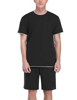 Doaraha Schlafanzug Herren Kurz Set Pyjama 100% Baumwolle Zweiteilige Nachtwäsche Einfarbig Sommer Sleepwear Hausanzug für Männer (4-Einfarbig-Schwarz, L) von Doaraha