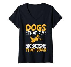 Damen Hunde, die fliegen, Träume, die fliegen, Tauchen am Dock T-Shirt mit V-Ausschnitt von Dock Diving Gifts