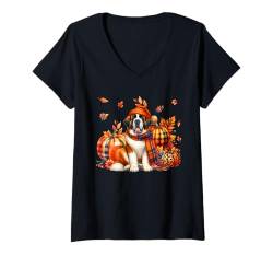 Damen Bernhardiner Thanksgiving Leopard Kürbisse Herbst Blätter Liebhaber T-Shirt mit V-Ausschnitt von Dog Thanksgiving Costume