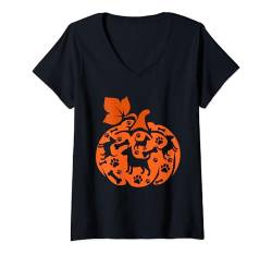 Damen Bull Terrier niedliche Kürbisform Halloween Thanksgiving T-Shirt mit V-Ausschnitt von Dog Thanksgiving Costume