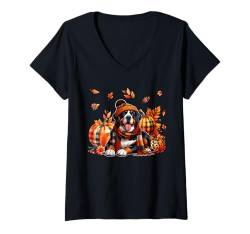 Damen Greater Swiss Mountain Thanksgiving Leopard Kürbisse Herbst T-Shirt mit V-Ausschnitt von Dog Thanksgiving Costume