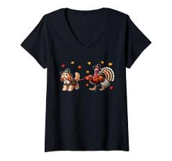 Damen Truthahn Walking With Cockapoo Thanksgiving Owner Kids Family T-Shirt mit V-Ausschnitt von Dog Thanksgiving Costume