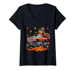 Damen Yorkshire Terrier Cosplay Turkey Monster Truck Thanksgiving T-Shirt mit V-Ausschnitt von Dog Thanksgiving Costume