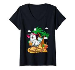 Damen Samojede am Strand Kostüm Sommer Urlaub Liebhaber Besitzer Kinder T-Shirt mit V-Ausschnitt von Dog Vacations Costume