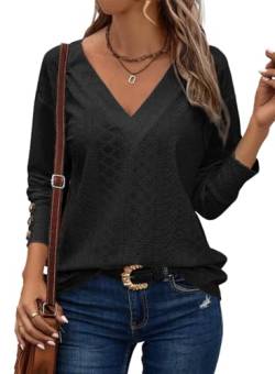 Dokotoo Bluse Damen Elegant Oberteile Langarm V-Ausschnitt Pullover Hemd Lässig Damenblusen Ausgehöhlte Spitze Bestickt Top Shirts Schicke Knöpfe Manschetten Blusen Hemden Einfarbig Tops Schwarz 2XL von Dokotoo