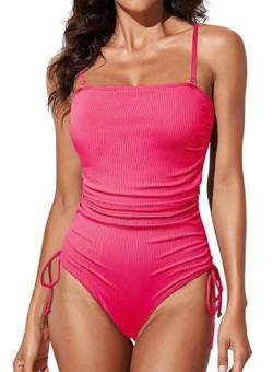 Dokotoo Damen Badeanzug Bandeau Spaghettiträger Schwimmanzug Raffung Bauchweg Einteilige Bademode Swimsuit, rosenrot, L von Dokotoo