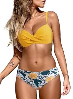 Dokotoo Damen Bikini Set Push Up Bikinis Sexy Crossover Bikini-Sets Zweiteiliger Badeanzug Bademode, gelb, XXL von Dokotoo