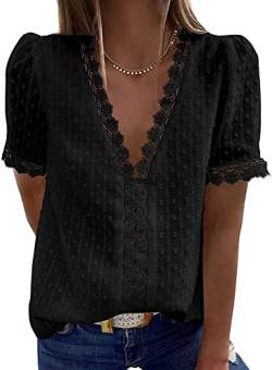 Dokotoo Damen Bluse Boho Spitze T-Shirt Tops Elegant Frühling Sommer V-Ausschnitt Oberteile Tunika, schwarz, XXL von Dokotoo