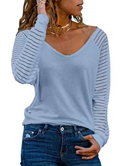 Dokotoo Damen Oberteile Streifen Mesh Langarmshirt Casual V-Ausschnitt Bluse Shirt Tops, himmelblau, L von Dokotoo