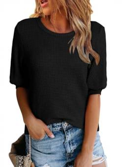 Dokotoo Damen Sommer Oberteile 2024 Waffel Tshirt Tops Lässig Rundhalsausschnitt Kurzarm T-Shirts Laternenärmel Bluse Waffelstrick T Shirt Pullover Tunika Top Schwarz S von Dokotoo