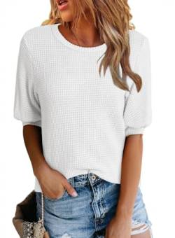 Dokotoo Damen Sommer Oberteile 2024 Waffel Tshirt Tops Lässig Rundhalsausschnitt Kurzarm T-Shirts Laternenärmel Bluse Waffelstrick T Shirt Pullover Tunika Top Weiß L von Dokotoo