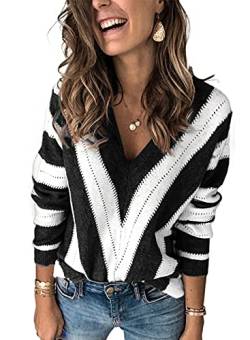 Dokotoo Damen Strickpullover V-Ausschnitt Casual Pullover Warm Oberteil Tops Streifen Sweater Elegant Herbst Winter Sweatshirt Schwarz L von Dokotoo