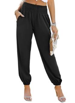 Dokotoo Sommerhose Damen Lässige Palazzo Hose Hosen mit Taschen Baggy Elastisch Stoffhose Einfarbig Freizeithose Jogginghose Schwarz L von Dokotoo