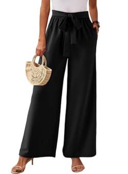 Dokotoo Sommerhose Damen Leicht Palazzo Hose Elegant High Waist Freizeithose Sommer Musselin Leinenhose Stoffhose mit Taschen, schwarz, 2XL von Dokotoo