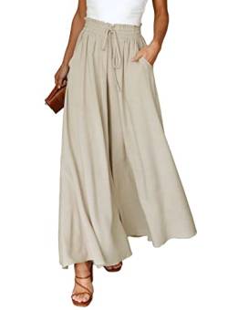 Dokotoo Sommerhose Damen Leicht Palazzo Hose Elegant Sommer High Waist Baggy Freizeithose Baumwolle Leinen Weite Hosen mit Taschen Kordelzug Elastisch Einfarbig Stoffhose Beige M von Dokotoo