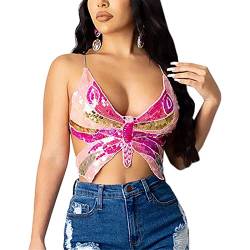 Karneval Kostüm Damen Pailletten Schmetterling Crop Tops Glitzernde Rückenfrei Oberteil Tank Top Bauchtanz Kostüm Glitzer Bauchtanz BH Pailletten Kostüme Musik Festival (Pink Yellow, One Size) von DolceTiger