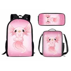 Dolyues Kinder-Schulranzen für Mädchen, Jungen, Rucksäcke für die Schule, wasserabweisendes Schulrucksack-Set, Rosa Axolotl von Dolyues