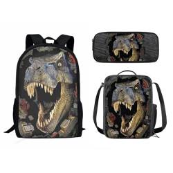 Dolyues Rucksack mit Lucnh Tasche und Federmäppchen, 3-teiliges Set, Schulanfang, Büchertasche, Dinosaurier-1 von Dolyues