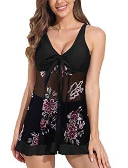 Tankini Damen Badeanzug Bauchweg Badekleid Mesh Bademode Oberteil Zweiteilig Große Größen Frauen Rock Mit Short Schwarz Weiße Blume M von Donppa