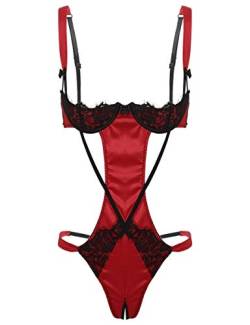 Doomiva Damen Dessous Set Sexy Spitzen Bodysuit BH Offen Büstenhebe Ouvert String Slip Tanga Erotische Unterwäsche Lingerie Reizwäsche Rot Einheitsgröße von Doomiva