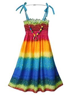 Doomiva Mädchen Boho Kleider Bluemendruck Sommerkleider Ärmellose Strandkleid mit Halskette Spaghettiträger Freizeitkleid Regenbogenfarbe 122-128 von Doomiva