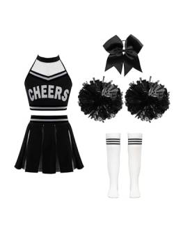 Doomiva 4PCS Cheer Leader Kostüm Set Mädchen Tanzkleid Festlich Tanzkostüm Kanreval Faschingskostüm mit Socken Kopfbedeckung Und Pompons Weiß + Schwarz A 146-152 von Doomiva