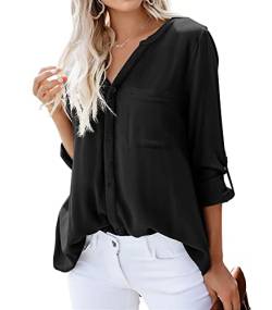 Dordanity Damen Bluse Elegant V-Ausschnitt Hemd Langarm Casual Arbeit Einfarbig Button Down Lose Langarmshirt Oberteile Tops (X-Large,Schwarz) von Dordanity