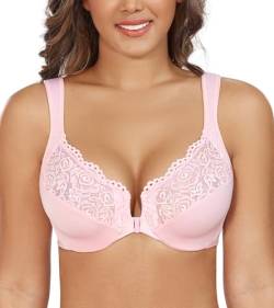 DotVol Damen Große Größen BH Vollschalen Ungepolster U-Rücken BH mit Breiten Trägern Floraler Spitze BH Soft Cup Bra(Rosa,80C) von DotVol