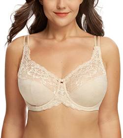 DotVol Damen Vollschalen Spitze Blumen Ungepolstert Bügel Jeden Tag Minimizer BH (Beige, 75G) von DotVol