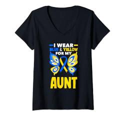 Damen Ich trage Blau und Gelb für das T21-Down-Syndrom meiner Tante T-Shirt mit V-Ausschnitt von Down Syndrome T21 Awareness Apparel & Gifts