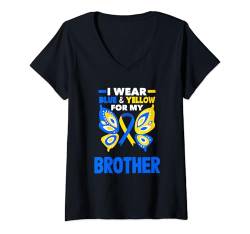 Damen Ich trage Blau und Gelb für das T21-Down-Syndrom meines Bruders T-Shirt mit V-Ausschnitt von Down Syndrome T21 Awareness Apparel & Gifts