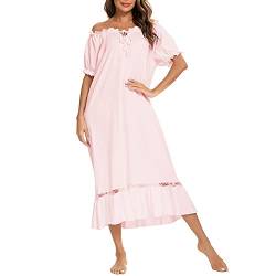 Frauen Vintage Nachthemden Kurzarm Spitze Nachthemd Lange Schlaf Kleid Modal Nachthemd Lounge Kleider, Psln-pink, 48 von Dreamskull