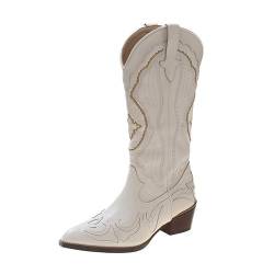 Dressnu Chelsea Boots Leder Bestickt Western Cowboystiefel Chunky Heels, beige, 37.5 EU von Dressnu