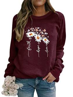 Dresswel Damen Faith Hope Love Sweatshirt Pullover Gänseblümchen Schmetterling Druck Langarmshirt Pulli Bluse Shirts von Dresswel