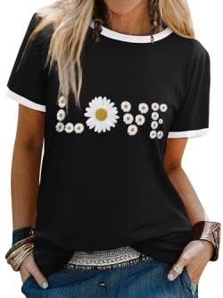 Dresswel Damen Gänseblümchen T-Shirt Love Drucken Rundhals Kurzarm T Shirts Sommer Oberteile Tee Tops von Dresswel