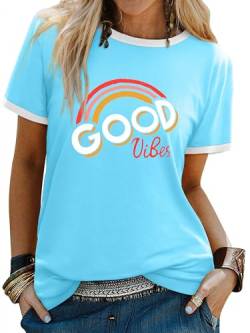 Dresswel Damen Good Vibes T-Shirt Regenbogen Druck Tshirts Rundhals Kurzarm Oberteile Hemd Tee Tops Bluse von Dresswel