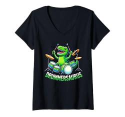 Damen Drummer Drums | Musiker, Junge, Drummersaurus, lustiger Dinosaurier T-Shirt mit V-Ausschnitt von Drum & Drummer Gifts for Boys, Men & Youth