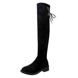 DuBiytlk Damen Stiefel MotorradStiefel Damen Stiefel Blau Damenschuhe -Mode, Aber Kniehohe Stiefel, Flacher, niedriger Absatz, einfarbige Slip-Stiefel Reiter Stiefel Western Stiefel Damen (Black, 40) von DuBiytlk