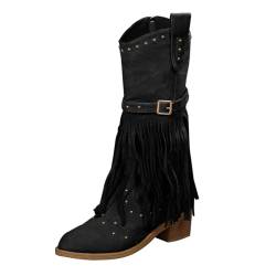 DuBiytlk Damenschuhe Winter BarfußSchuhe Herren Stiefel Damen Frühling und Große Größe Quaste Blockabsatz Mode Motorrad Western Cowboy Gürtelschnalle Mitte Wade BarfußSchuhe Wanderschuhe (Black, 37) von DuBiytlk