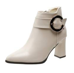 DuBiytlk Gummistiefel GefüTtert Damen Senioren Stiefel Boot Damen und Winter Seitlicher Reißverschluss Modische Trendy Dicker Absatz Große C Schnalle Samt Stiefel Winterschuhe Herren (White, 36) von DuBiytlk