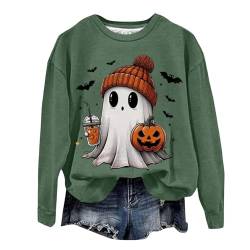 Duanminxi Damen Hoodie Halloween Kostüm Kürbisse und Geister Drucken Langarm Rundhals Pulli Ohne Kapuze Halloween Druck Karneval Festival Horror Festlich Langarmshirt Locker Oberteil von Duanminxi