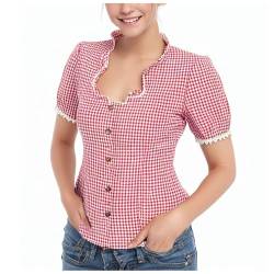 Duanminxi Trachtenbluse Damen Dirndl Bluse Damen Kurzarm Dirndlbluse Rot Kariert DirndlBlusen V Ausschnitt Trachtenblusen - Traditionelle, Oktoberfest Kostüm Elegante Trachten Bluse von Duanminxi