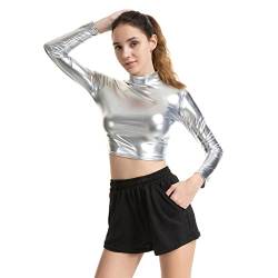 Damen Metallic T-Shirt Langarm Kurzes Top Glänzend Langarmshirt Bauchfrei Bluse Top Stehkragen Shirts Oberteile Glitzer Pullover Party Club Kleidung von Duohropke