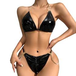 Duohropke Damen Wetlook Bikini Set Ouvert Strings Briefs Lack Leder Hebe BH Büstenhebe Reizwäsche Brustfrei Erotik Dessous Set Unterwäsche von Duohropke