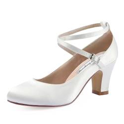 Duosheng & Elegant Brautschuhe Geschlossene Ivory Krause Riemchen Blockabsatz Pumps für Damen HC1808 Satin Hochzeit Abend Ivory Gr. 37 von Duosheng & Elegant