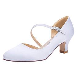 Duosheng & Elegant Brautschuhe Hochzeitsschuhe für Frauen HC2002 Runde Zehen Komfort Niedriger Absatz Blockabtz Mary Jane Schnalle Satin Weiss EU 38 von Duosheng & Elegant