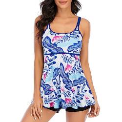 Durio Badeanzug Damen Tankini Bauchweg Bademode Set Zweiteilig mit Badehose Badeanzüge Push Up Weiß mit Blauen Blätter (Tag Size M) von Durio