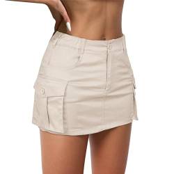 Durio Damen Minirock Cargo Rock Y2K Skirt Sommer Jeansrock Hüftrock Elastisch Niedrige Taille Mit Taschen Aprikosenfarbe S von Durio